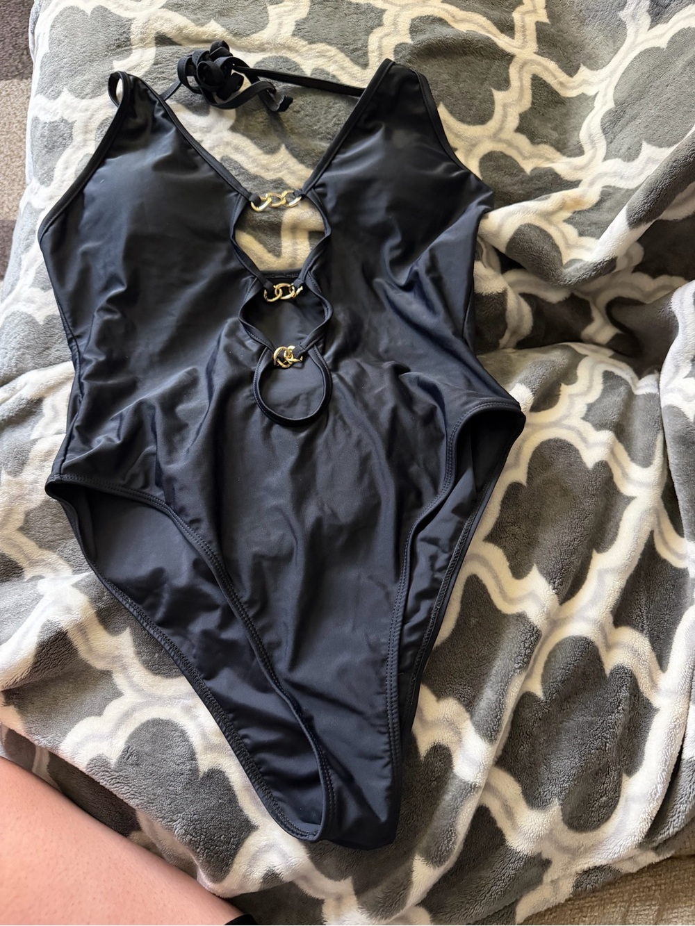 Black One-Piece Swimsuit with Gold Ring Accents